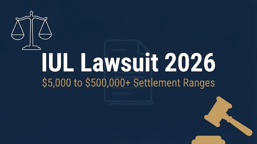 IUL lawsuit 2026 hero banner showing settlement ranges and legal symbols.