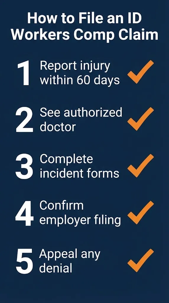 Idaho workers compensation claim filing steps showing injury reporting, doctor visits, forms, employer filing, and appeals.