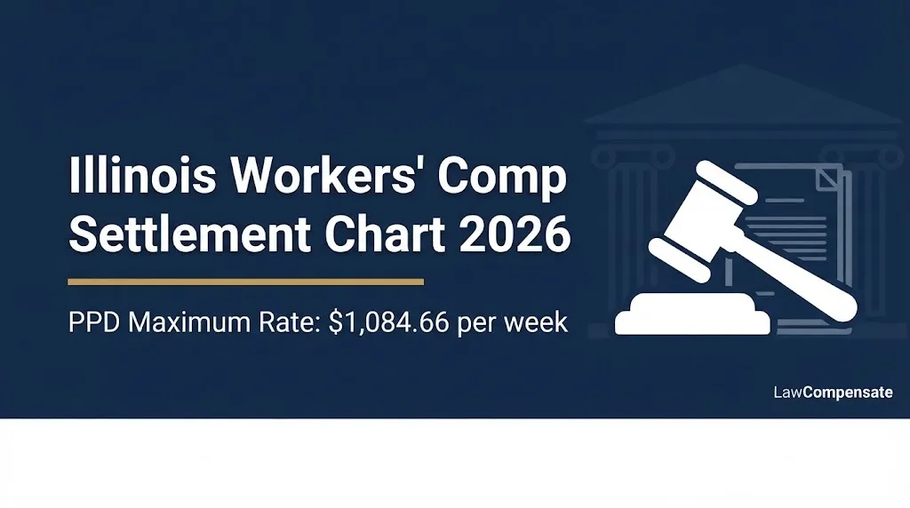 Illinois workers' comp settlement chart 2026 with current PPD maximum weekly benefit rate.