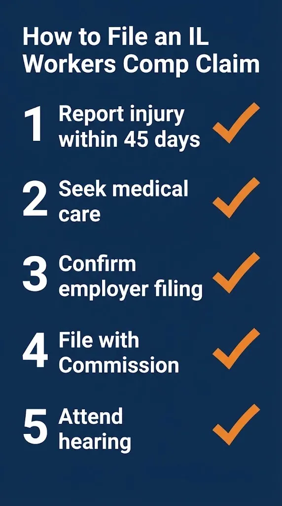 Illinois workers compensation claim filing steps showing injury reporting, medical care, employer filing, Commission filing, and hearings.
