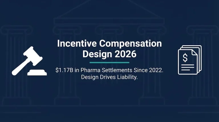 Incentive compensation design 2026 banner showing gavel and documents with pharma settlement fact