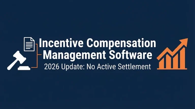 Incentive compensation management software 2026 update banner with gavel icon and No Active Settlement notice.