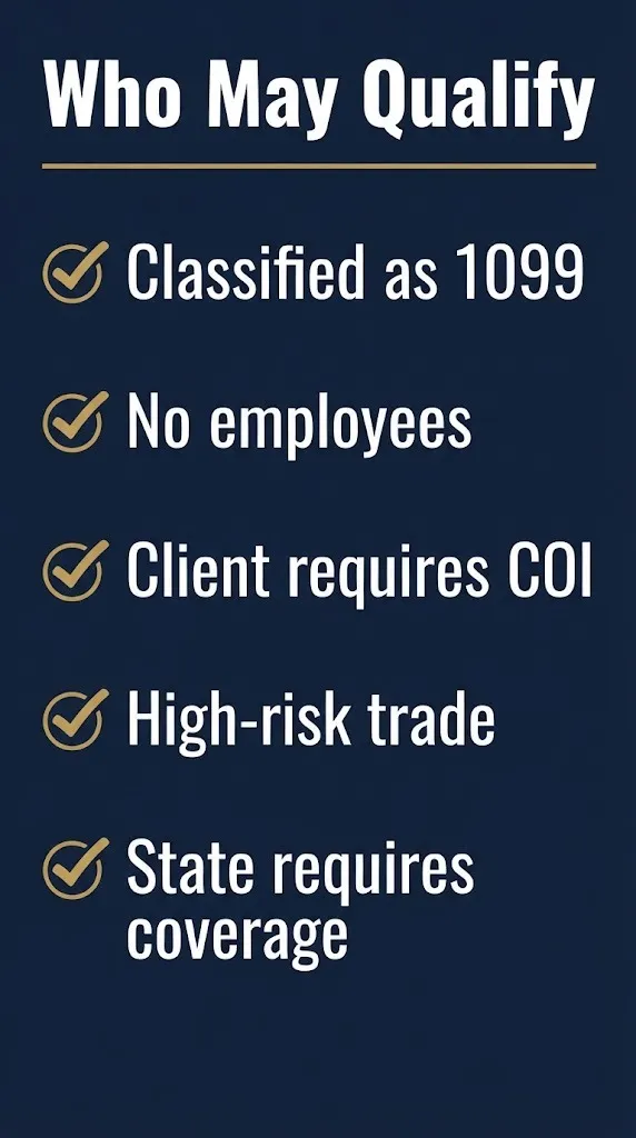Independent contractor workers compensation eligibility checklist graphic showing who may need coverage.