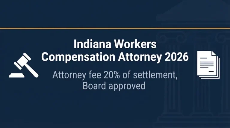 Indiana workers compensation attorney 2026 banner showing 20 percent attorney fee and legal symbols.