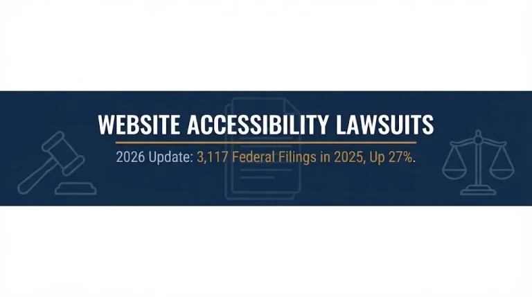 Infographic banner on website accessibility lawsuits showing 3,117 federal filings in 2025, up 27% from 2024.