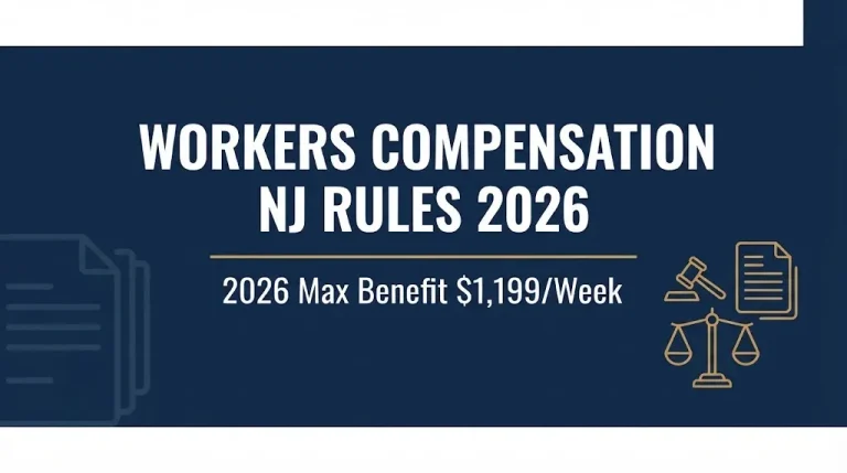 Infographic banner showing New Jersey workers' compensation NJ rules for 2026 and the $1,199 maximum weekly benefit.