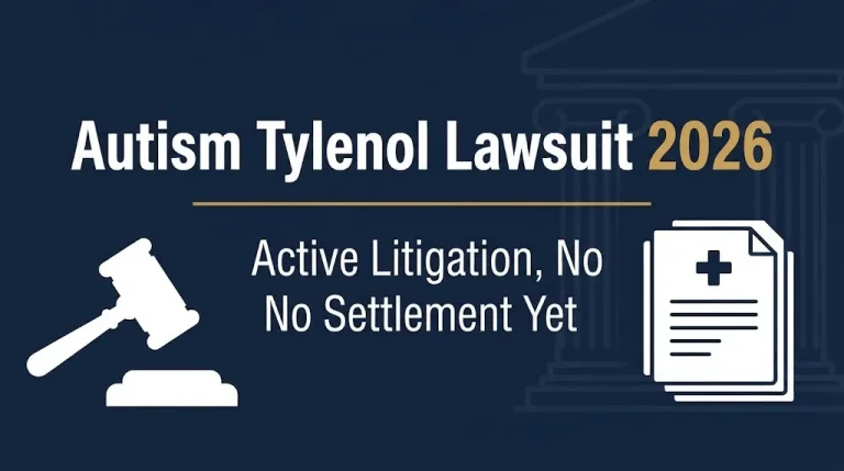 Infographic banner titled Autism Tylenol Lawsuit 2026 with no settlement yet subheading.