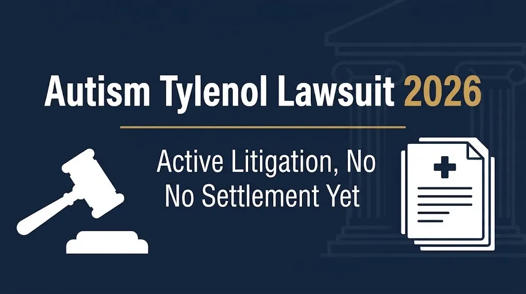 Infographic banner titled Autism Tylenol Lawsuit 2026 with no settlement yet subheading.