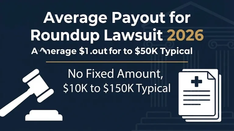 Infographic banner titled Average Payout for Roundup Lawsuit 2026 with typical payout range subheading.