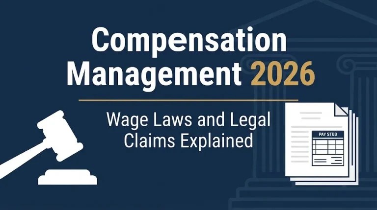 Infographic banner titled Compensation Management 2026 with wage laws and legal claims subheading.
