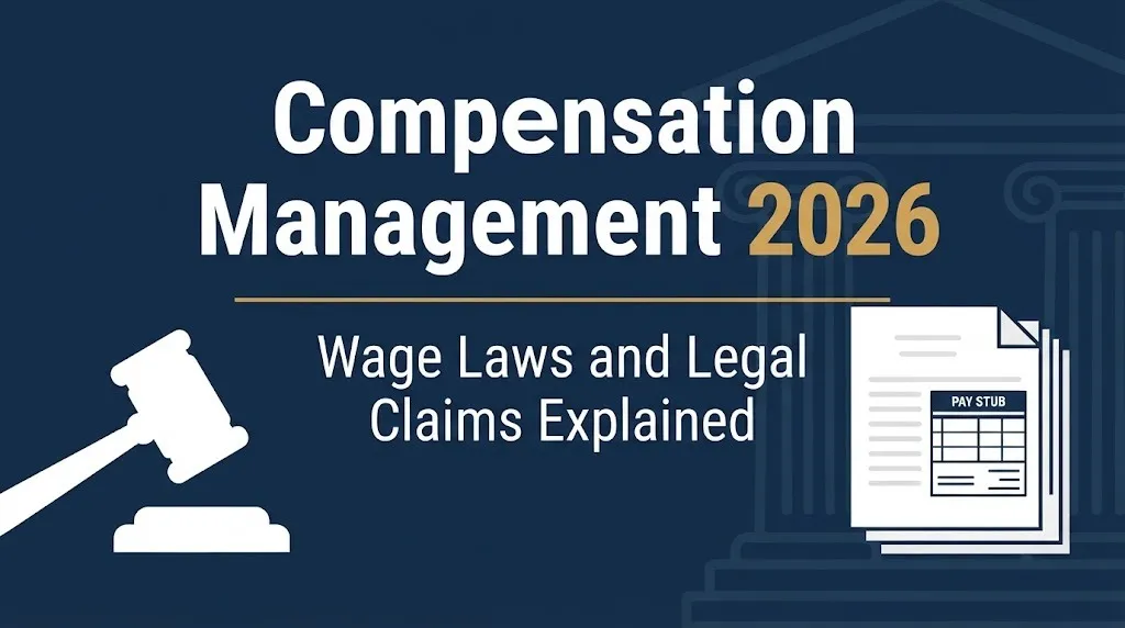 Infographic banner titled Compensation Management 2026 with wage laws and legal claims subheading.