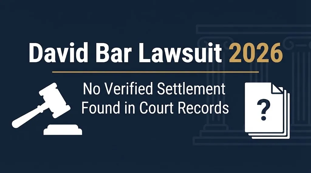Infographic banner titled David Bar Lawsuit 2026 with no verified settlement found subheading.