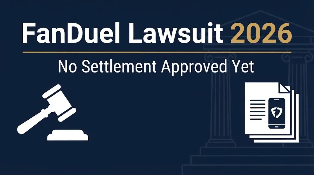 Infographic banner titled FanDuel Lawsuit 2026 with no settlement approved yet subheading.