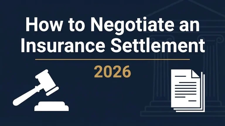 Infographic banner titled How to Negotiate an Insurance Settlement with 2026 subheading and legal symbols.