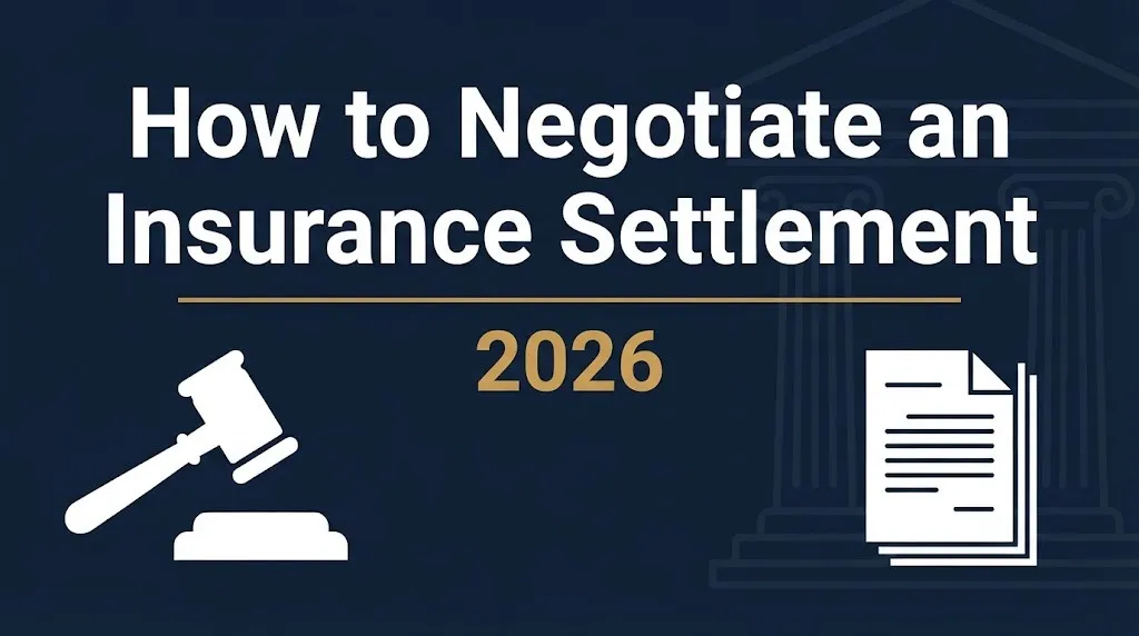 Infographic banner titled How to Negotiate an Insurance Settlement with 2026 subheading and legal symbols.