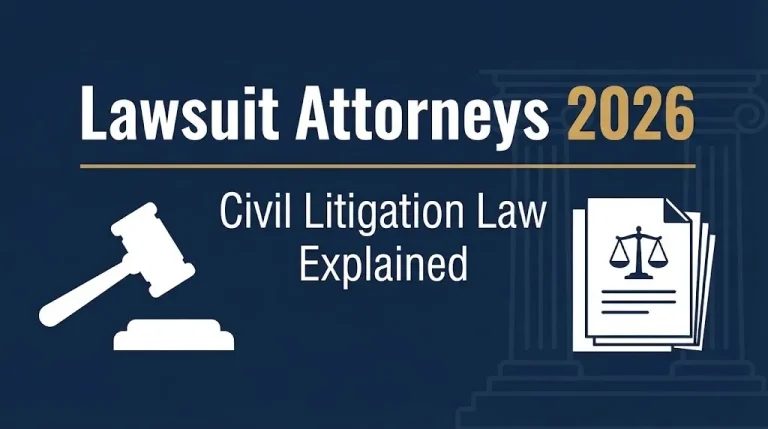 Infographic banner titled Lawsuit Attorneys 2026 with civil litigation law explained.