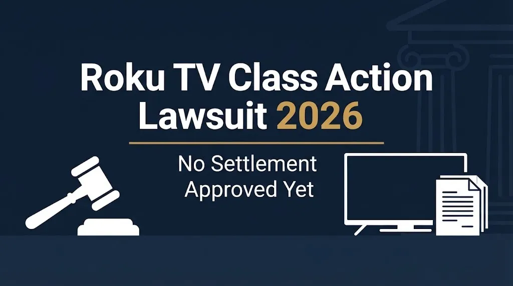 Infographic banner titled Roku TV Class Action Lawsuit 2026 with no settlement approved yet.