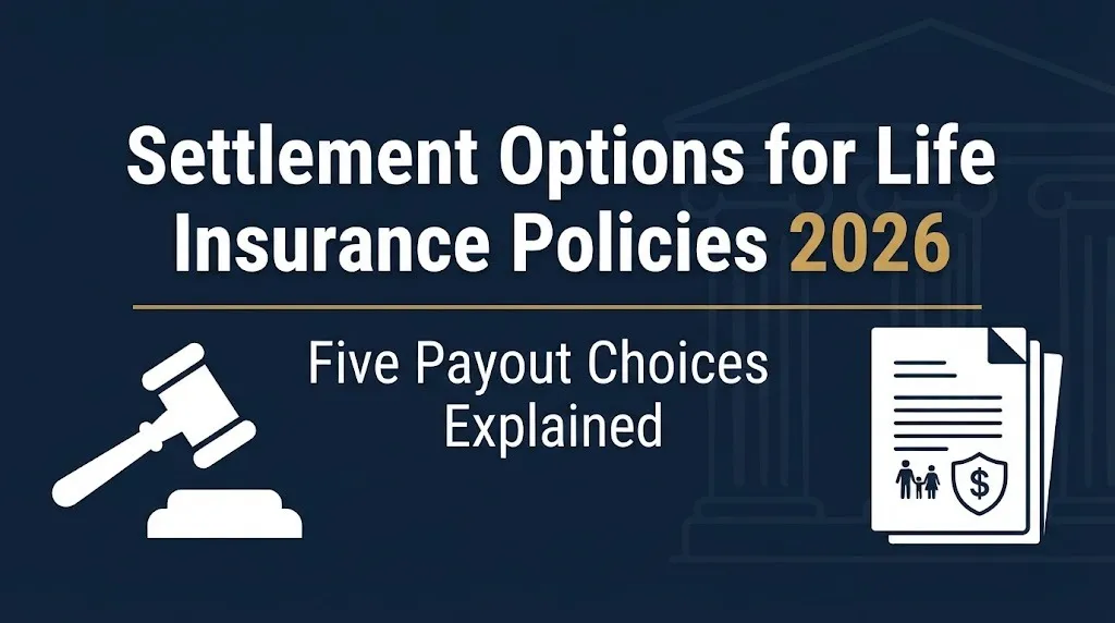 Infographic banner titled Settlement Options for Life Insurance Policies 2026 with five payout choices.