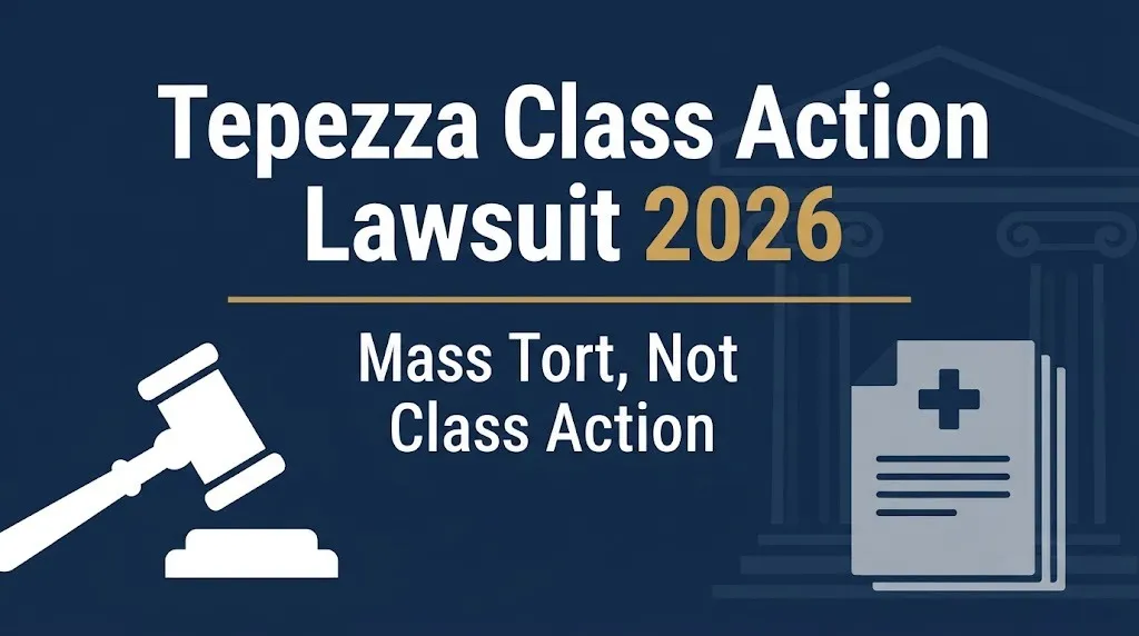 Infographic banner titled Tepezza Class Action Lawsuit 2026 with mass tort not class action.