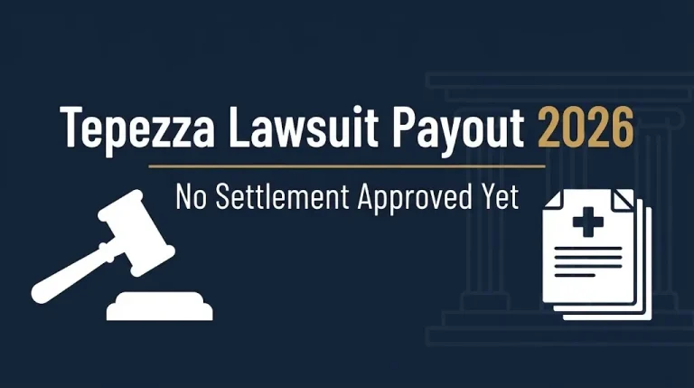 Infographic banner titled Tepezza Lawsuit Payout 2026 with no settlement approved yet.