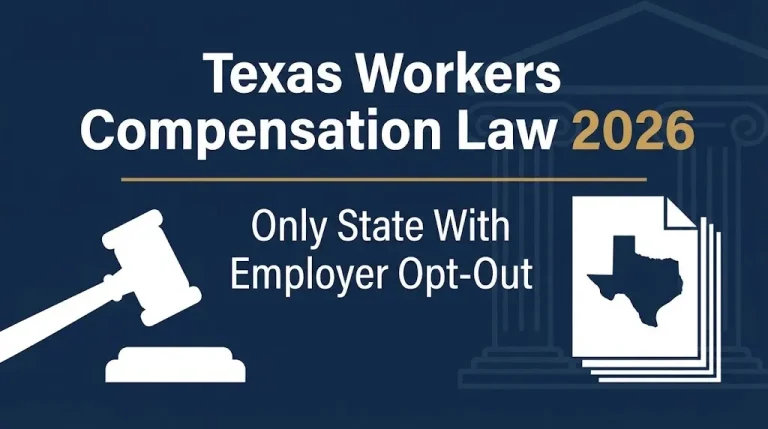 Infographic banner titled Texas Workers Compensation Law 2026 with employer opt-out subheading.