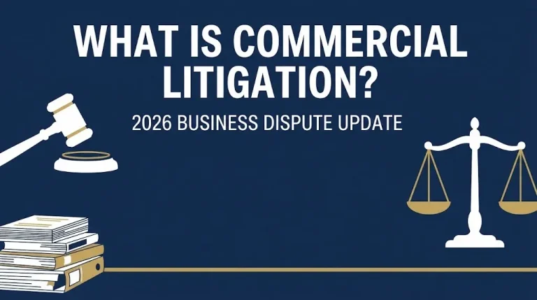 Infographic explaining what commercial litigation means in 2026 with legal symbols on a navy background.