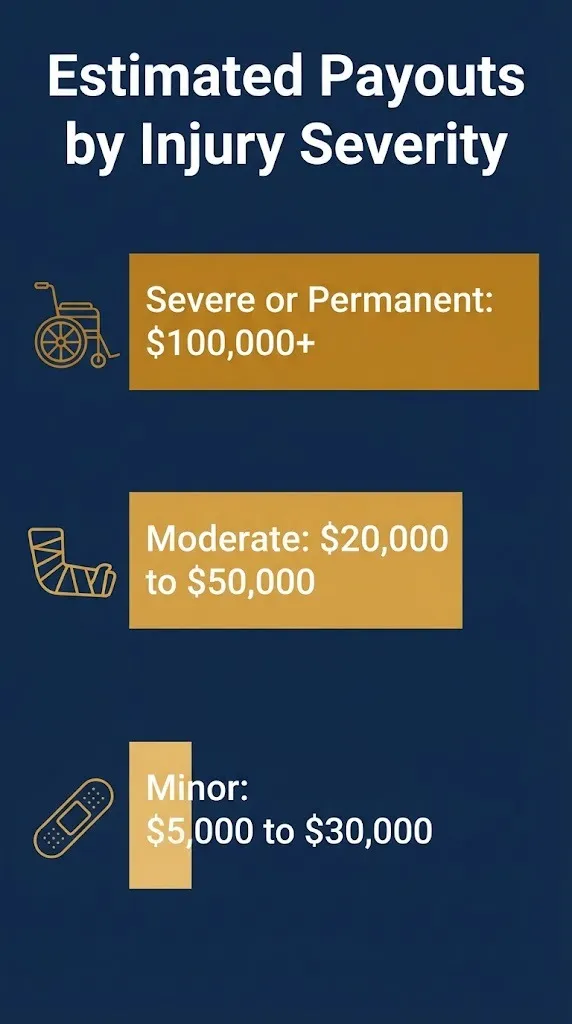 Infographic showing average pain and suffering settlement payout tiers by injury severity in 2026.
