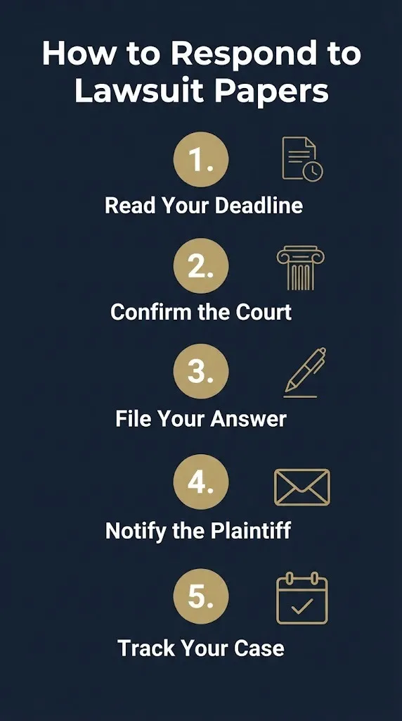 Infographic showing five steps for how to respond to lawsuit papers before the deadline.