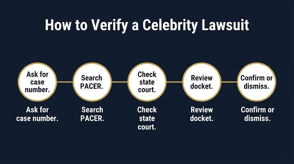 Infographic showing five steps to verify a celebrity lawsuit claim using court records.