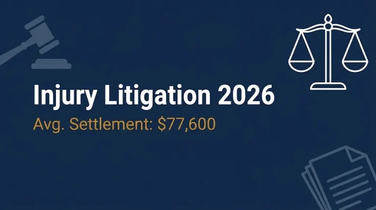 Injury litigation 2026 banner showing $77,600 average settlement with attorney.