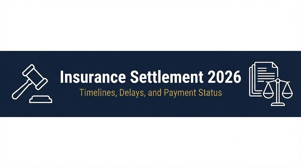 Insurance settlement 2026 banner with timelines and payment status information.
