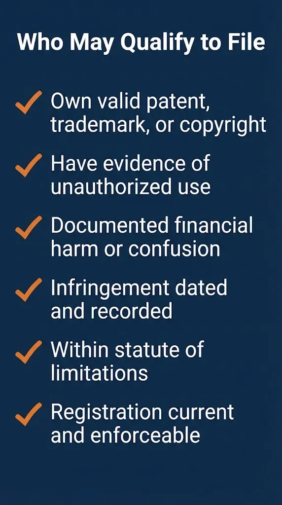 Intellectual property litigation eligibility checklist showing six criteria for filing an IP lawsuit.