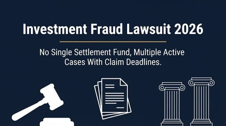 Investment fraud lawsuit 2026 banner showing multiple active cases and no single nationwide settlement fund.