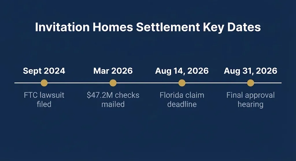 Invitation Homes settlement timeline from 2024 FTC filing to 2026 deadlines