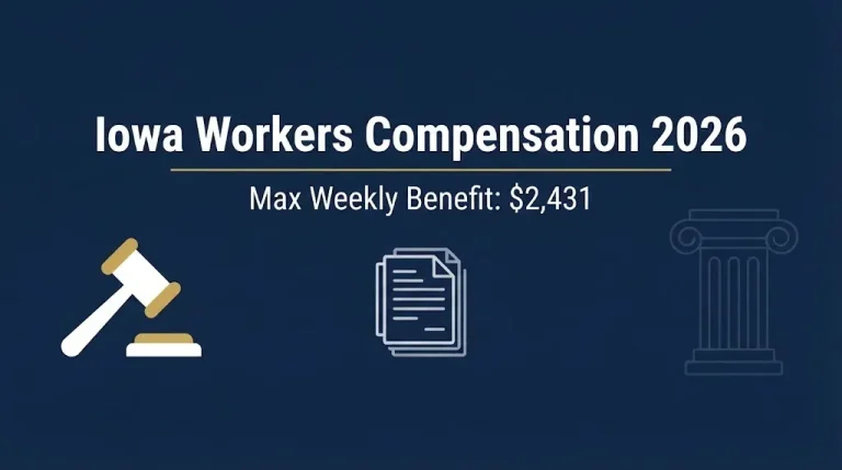 Iowa workers compensation 2026 infographic banner with gavel and maximum weekly benefit of $2,431