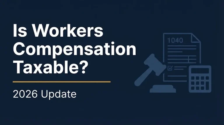 Is Workers Compensation Taxable 2026 Update banner with gavel and tax document illustration on navy background