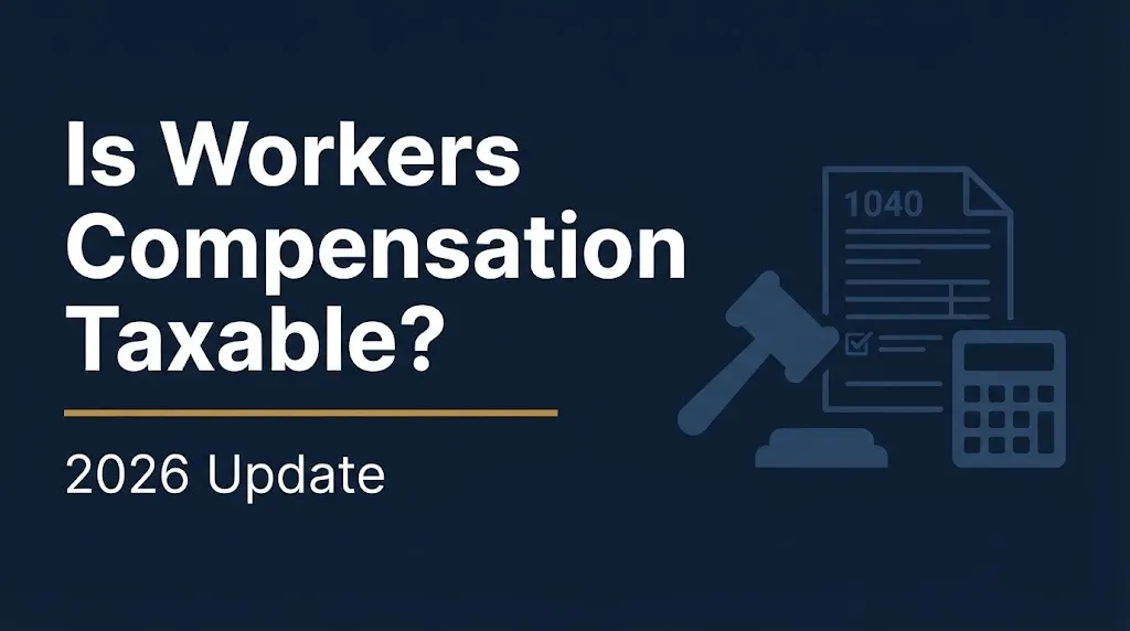 Is Workers Compensation Taxable 2026 Update banner with gavel and tax document illustration on navy background