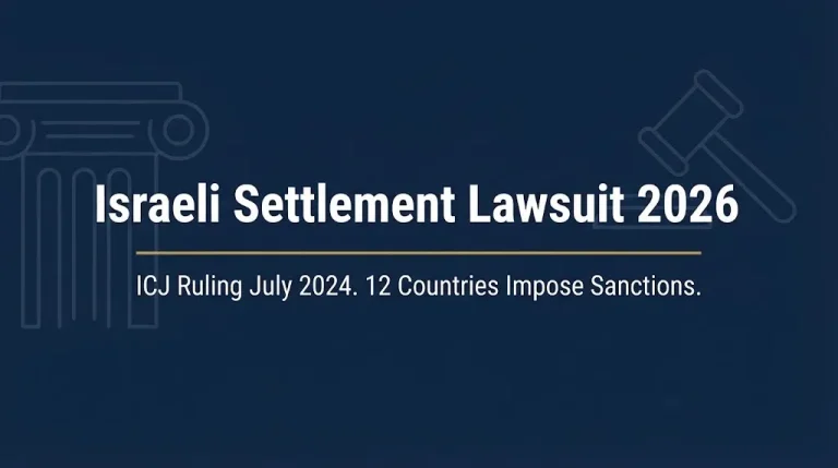 Israeli settlement lawsuit 2026 banner showing ICJ ruling and sanctions from twelve countries.