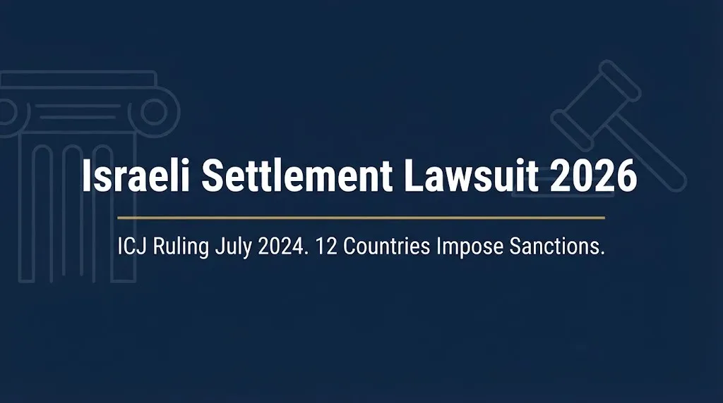 Israeli settlement lawsuit 2026 banner showing ICJ ruling and sanctions from twelve countries.