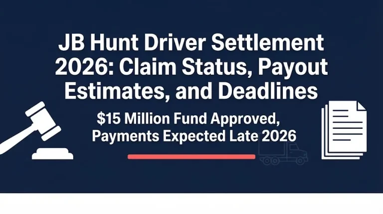 JB Hunt driver settlement 2026 status graphic showing fund amount and expected payment timing.