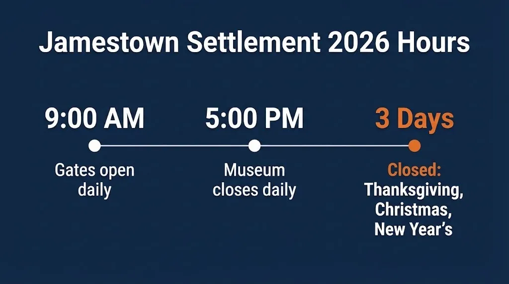 Jamestown Settlement 2026 hours timeline showing 9 AM opening, 5 PM closing, and holiday closures.