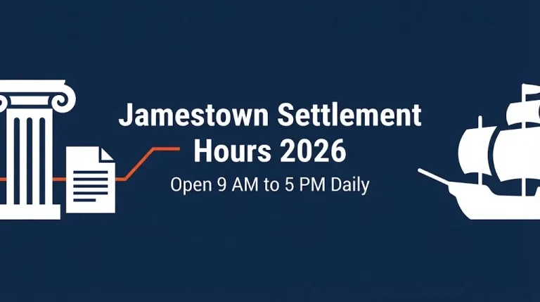 Jamestown Settlement hours 2026 banner with courthouse icon and 9 AM to 5 PM notice.