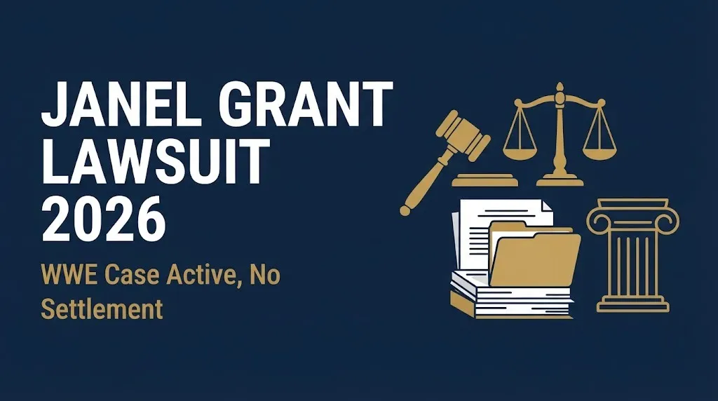 Janel Grant lawsuit 2026 headline with gavel and case file showing WWE case active with no settlement.