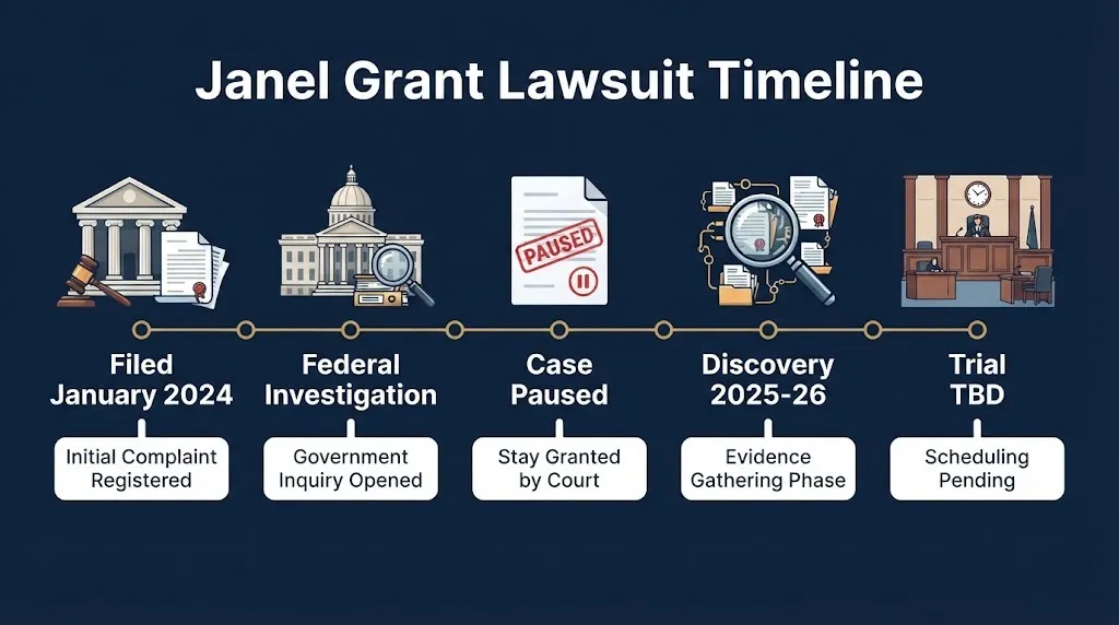 Janel Grant lawsuit timeline from filing through investigation, pause, discovery, and pending trial.