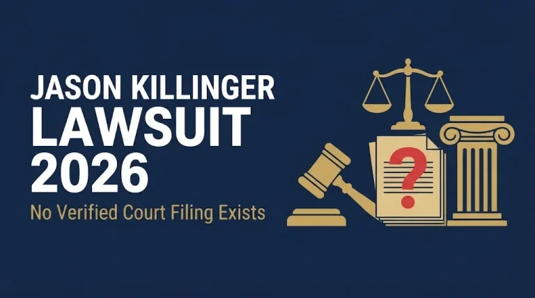 Jason Killinger lawsuit 2026 headline with gavel and question mark showing no verified court filing exists.