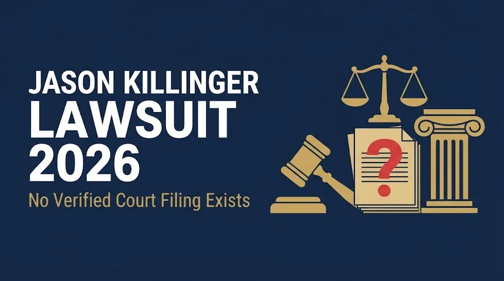 Jason Killinger lawsuit 2026 headline with gavel and question mark showing no verified court filing exists.