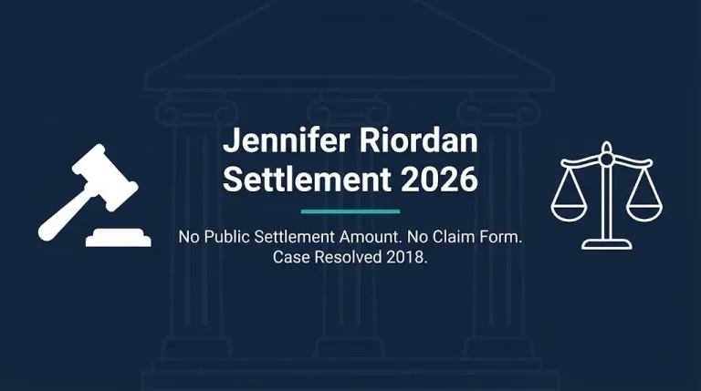 Jennifer Riordan settlement 2026 banner showing gavel and scales with no public amount