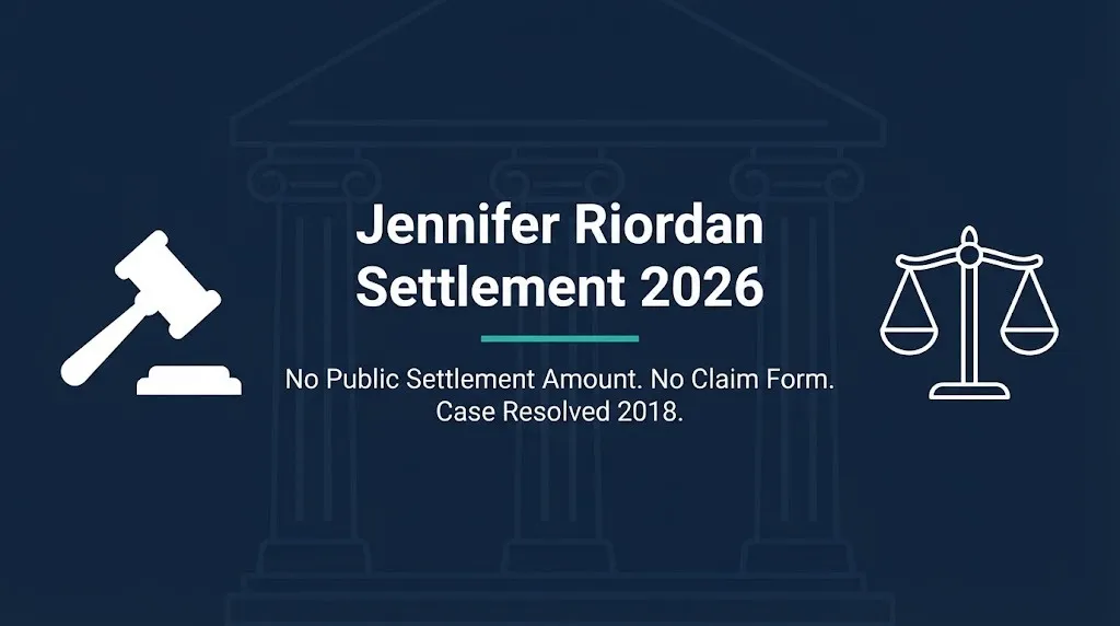 Jennifer Riordan settlement 2026 banner showing gavel and scales with no public amount