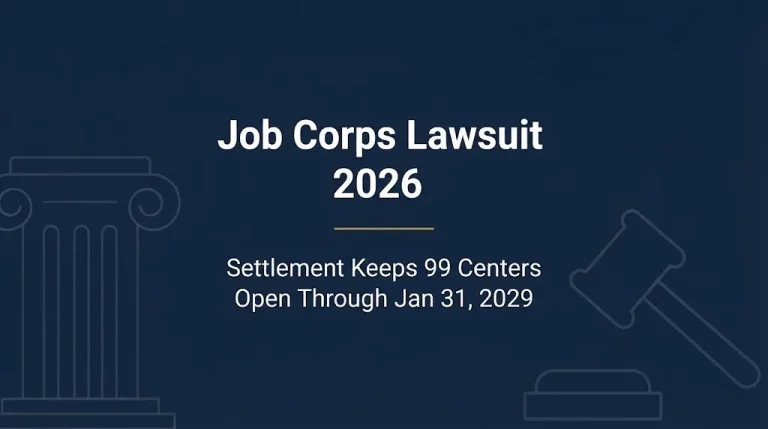 Job Corps lawsuit 2026 banner showing settlement keeps 99 centers open through January 2029.