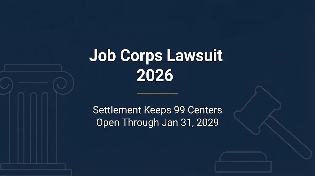 Job Corps lawsuit 2026 banner showing settlement keeps 99 centers open through January 2029.